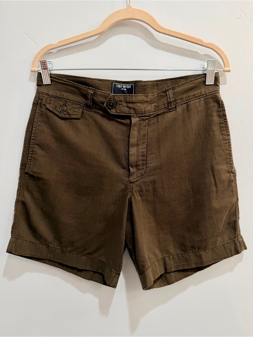 Todd Snyder Mens Cotton Linen 7" Officer Shorts Olive Brown Button Tab Size 28 - Picture 10 of 11
